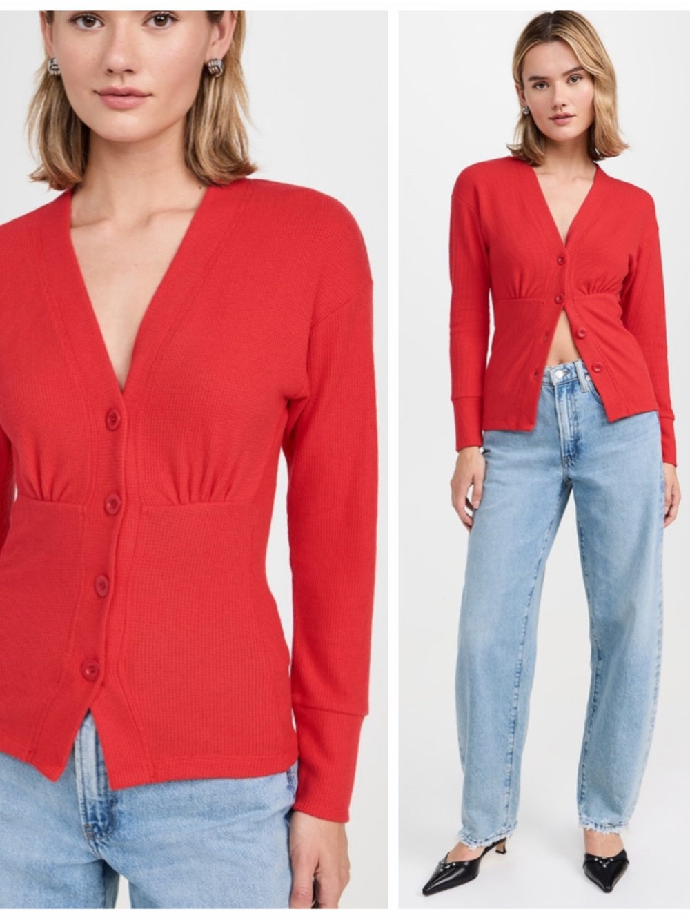 NWOT LNA Noel Waffle Cardigan in High Risk Red Large Lightweight Knit V-Neck